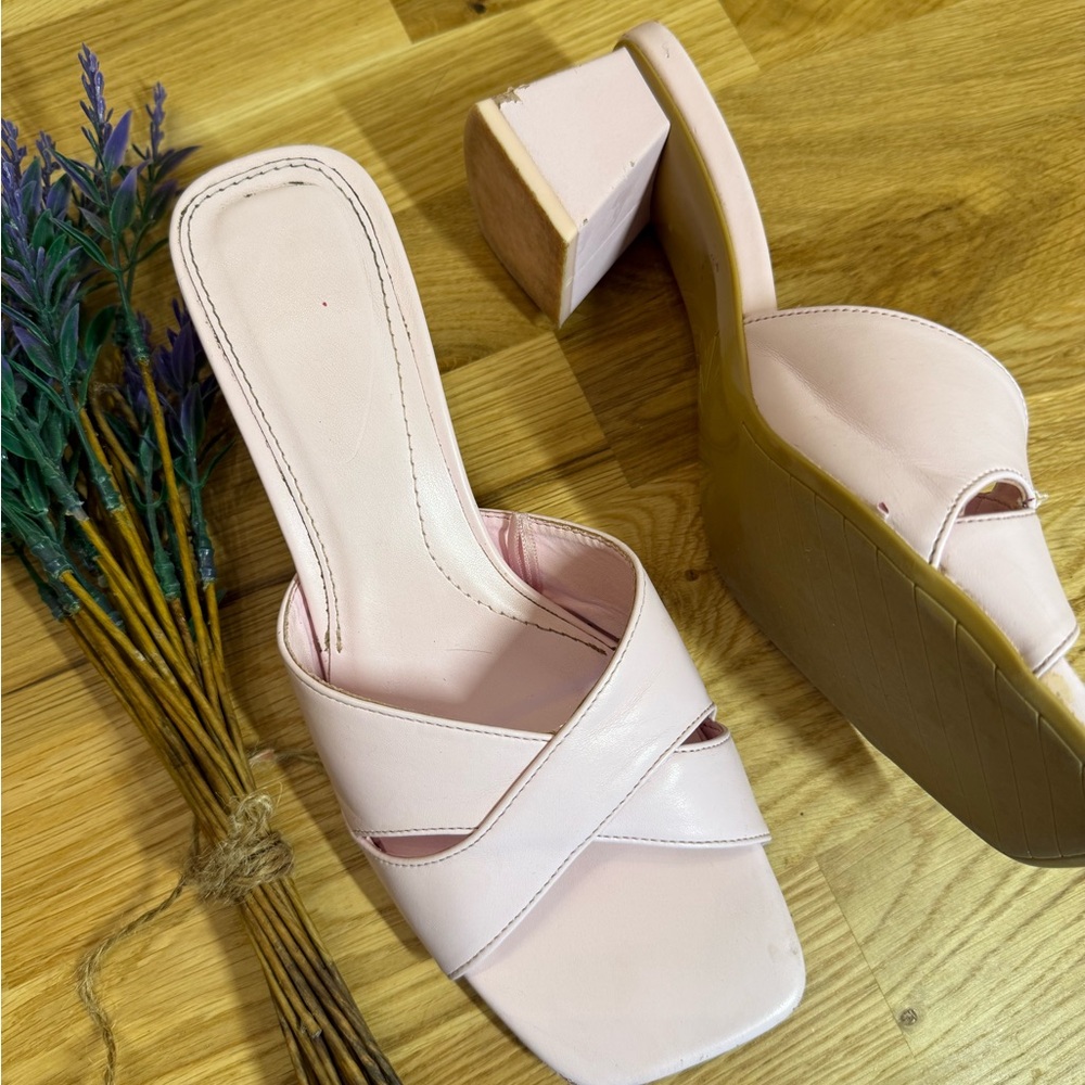 Zara Women’s Pink Block Heel Sandals Slides Size 38